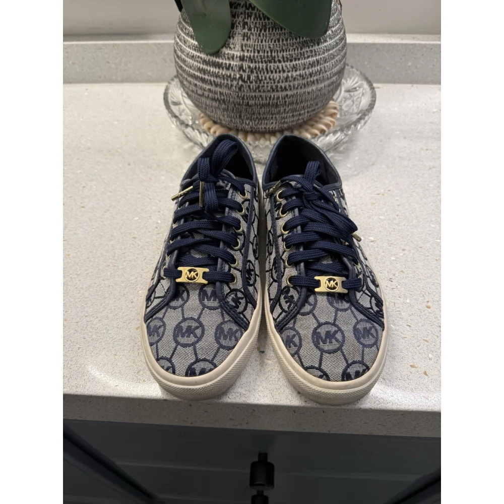 Michael Kors Women Sneakers Blue/Tan Monogram Logo Size 8